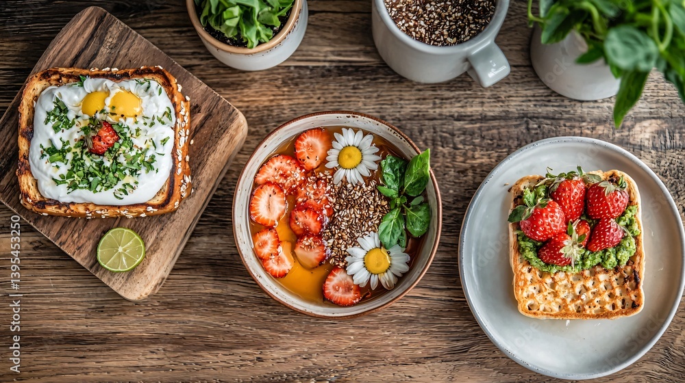 Fresh and Colorful Breakfast Spread with Eggs, Strawberries, Herbs, and Healthy Ingredients on Wooden Table Fresh and Colorful Breakfast Spread with Eggs, Strawberries, Herbs, and Healthy Ingredients on Wooden Table