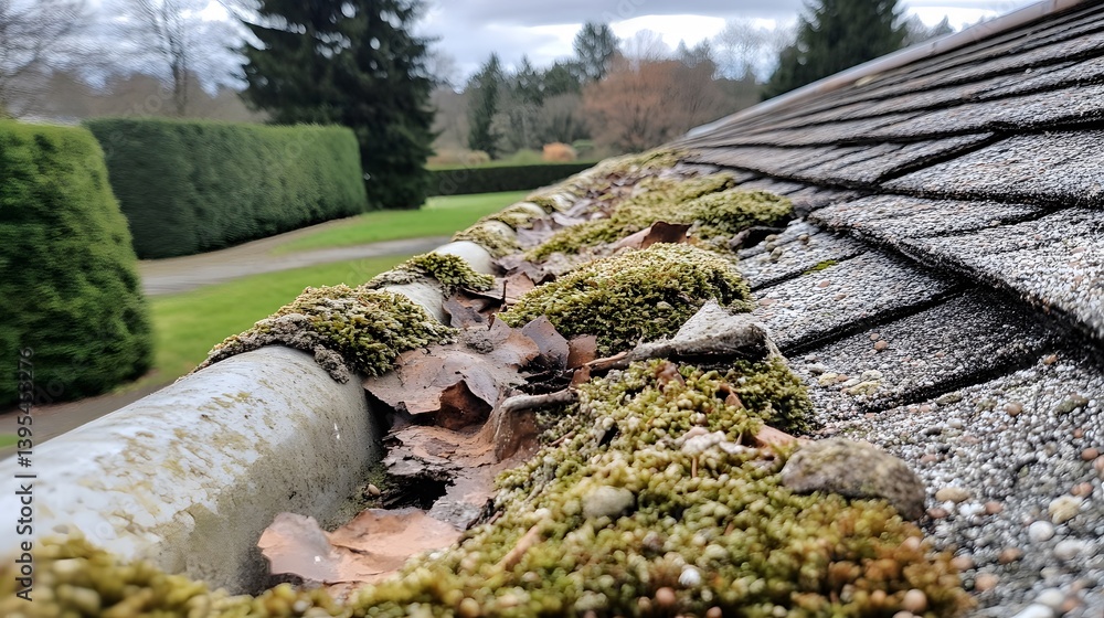 Moss and Leaves Clogged Gutter on House Roof