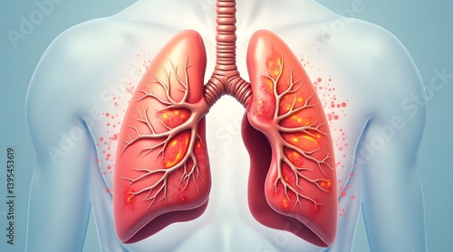 A highly detailed, realistic 3D render of human lungs severely affected by chronic obstructive pulmonary disease
