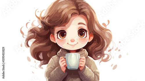 Adorable Young Girl Enjoying Delicious Hot Cocoa Drink on White Background