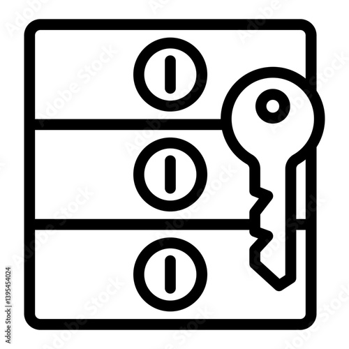 Deposit containers with key line icon, finance concept. Vector graphics. Safe box and key, banking sign on white background, style mobile or design.