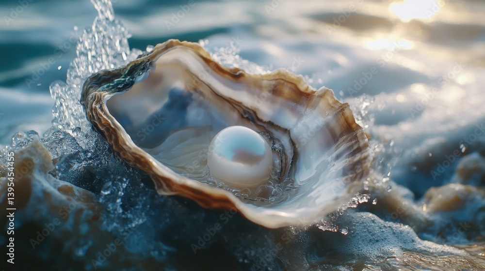 Beautiful Oyster with Pearl in Ocean Waves at Sunrise Reflection Beautiful Oyster with Pearl in Ocean Waves at Sunrise Reflection