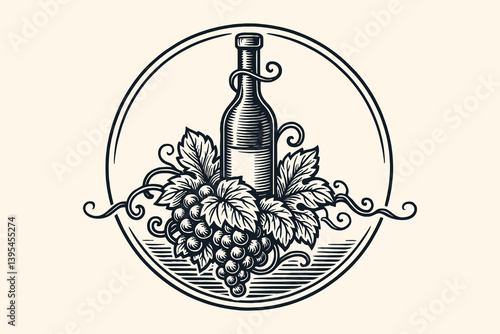 Vintage engraving wine bottle with grapes and leaves in circular emblem design