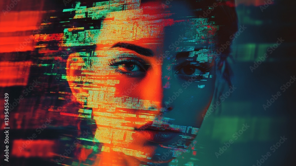 Woman's face distorted with digital glitches in red blue and yellow tones.