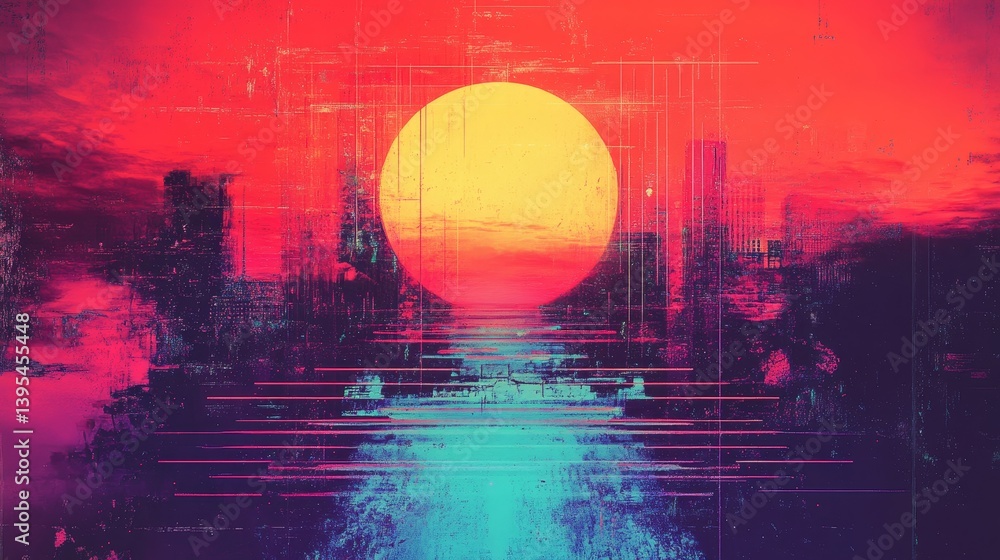 Abstract cityscape with a large sun and water reflection in vibrant colors.