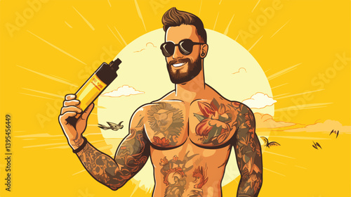 Professional Sun Protection: Tattooed Man Applying Sunscreen Cream with Paddle on Yellow Background