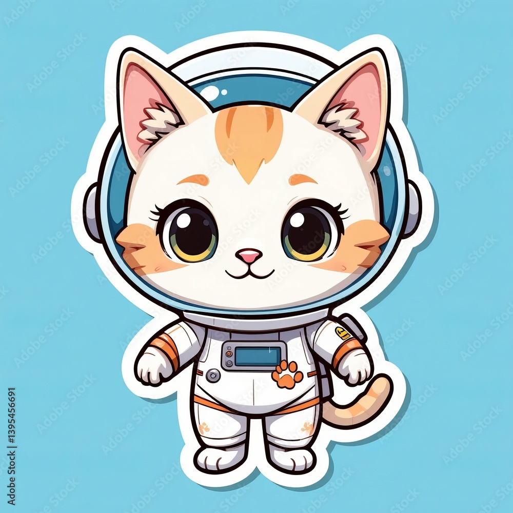 Obraz premium Kids sticker cute cartoon astronaut cat in a spacesuit,,on solid sky blue color background