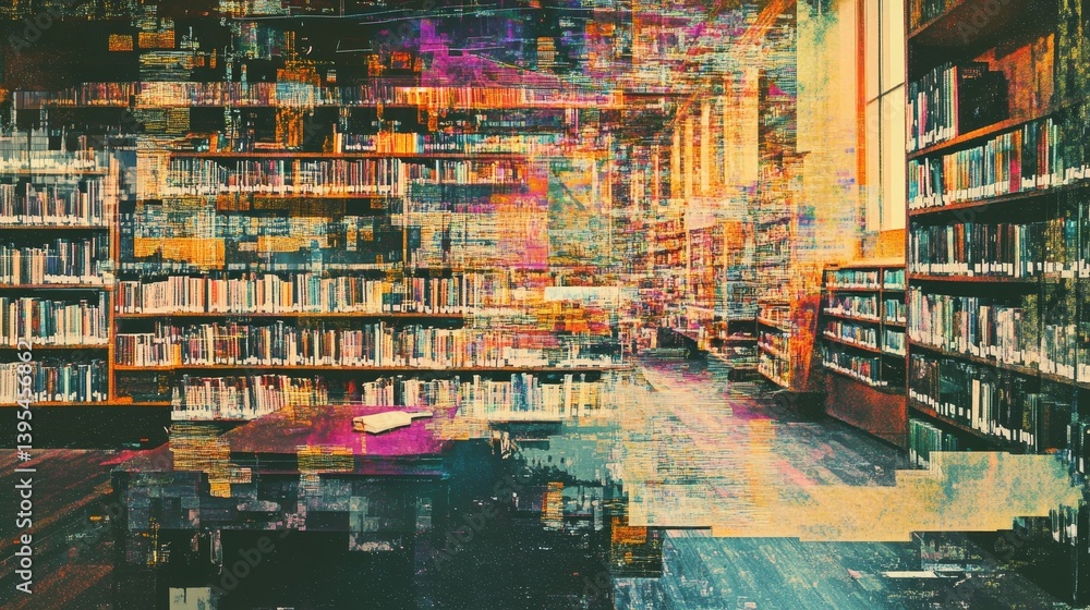 Bookshelves filled with books in a library setting with tables and chairs.