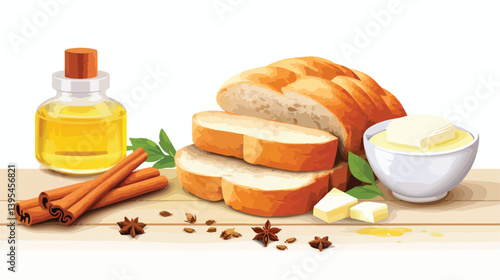 Delicious Fresh Bread with Creamy Butter and Flavorful Spices on White Wooden Table