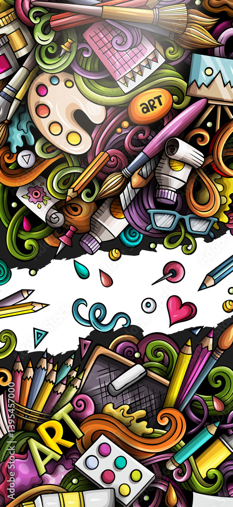 Obraz premium Artist hand drawn doodle banner. Cartoon detailed illustrations. Art objects and symbols. Color design elements background
