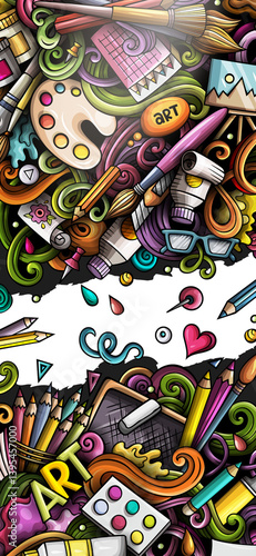 Artist hand drawn doodle banner. Cartoon detailed illustrations. Art objects and symbols. Color design elements background