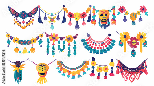 Colorful Mexican Garland Icons Set for Festive Decorations on White Background