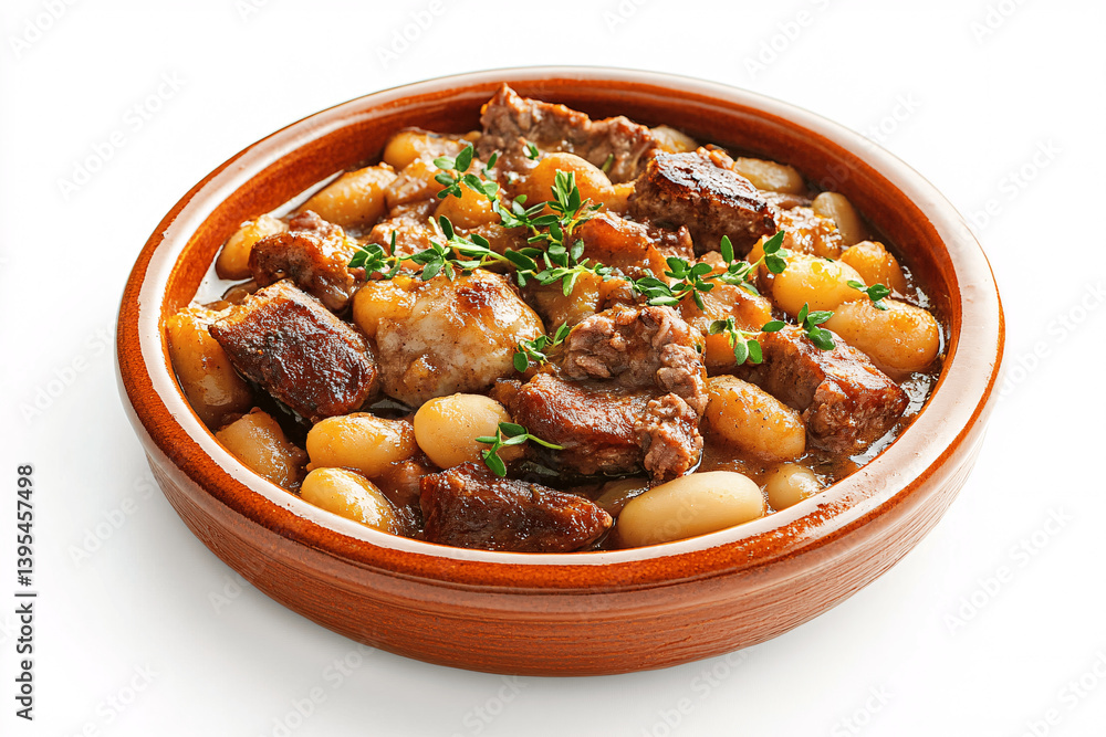 Ceramic Plate of Traditional Cassoulet on White Background with Rich Texture and Detail Ceramic Plate of Traditional Cassoulet on White Background with Rich Texture and Detail