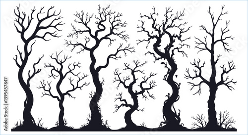 Twisted scary leafless trees silhouettes for Halloween vector design