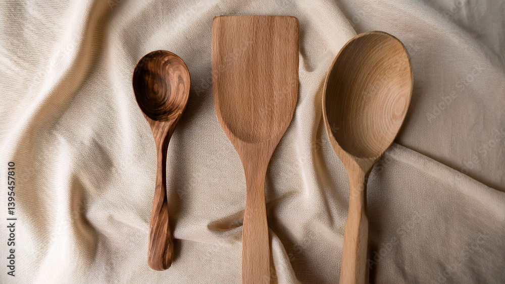 Wooden Kitchen Utensils on Beige Linen Cloth with Soft Lighting Wooden Kitchen Utensils on Beige Linen Cloth with Soft Lighting