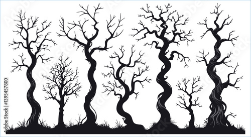 Twisted scary leafless trees silhouettes for Halloween vector design