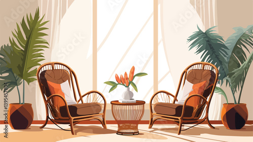 Professional Interior Design of Trendy Living Room with Elegant Wicker Armchairs and Stylish Decor