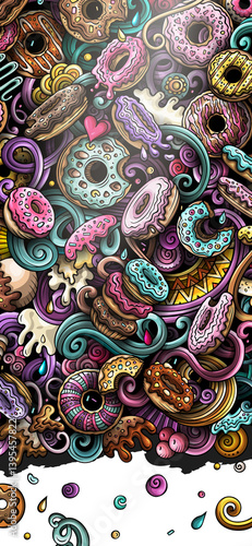 Donuts hand drawn doodle banner. Cartoon detailed illustrations. Sweet food identity with objects and symbols. Color design elements background