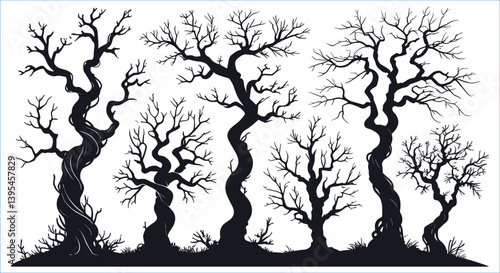 Twisted scary leafless trees silhouettes for Halloween vector design