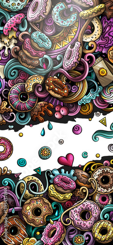 Donuts hand drawn doodle banner. Cartoon detailed illustrations. Sweet food identity with objects and symbols. Color design elements background
