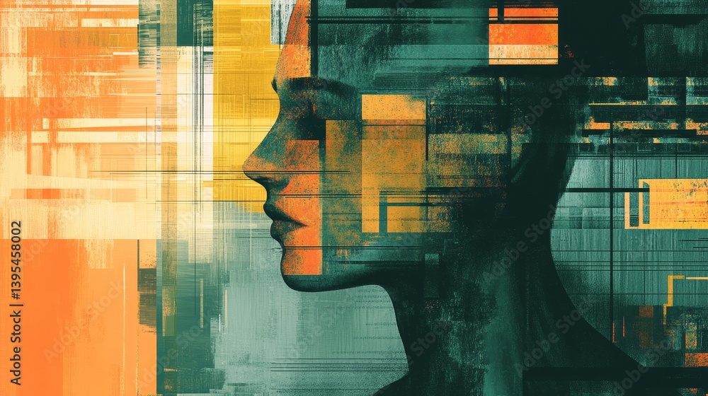 Abstract digital art depicting a human face profile with geometric shapes.