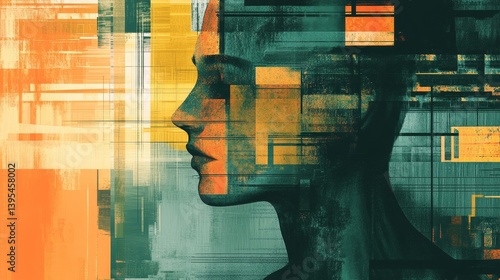 Obraz na płótnie Abstract digital art depicting a human face profile with geometric shapes. w salonie