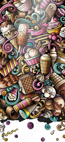 Ice cream hand drawn doodle banner. Cartoon detailed flyer. Ice-cream identity with objects and symbols. Color design elements background