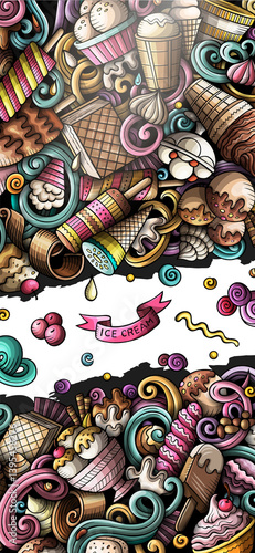 Ice cream hand drawn doodle banner. Cartoon detailed flyer. Ice-cream identity with objects and symbols. Color design elements background