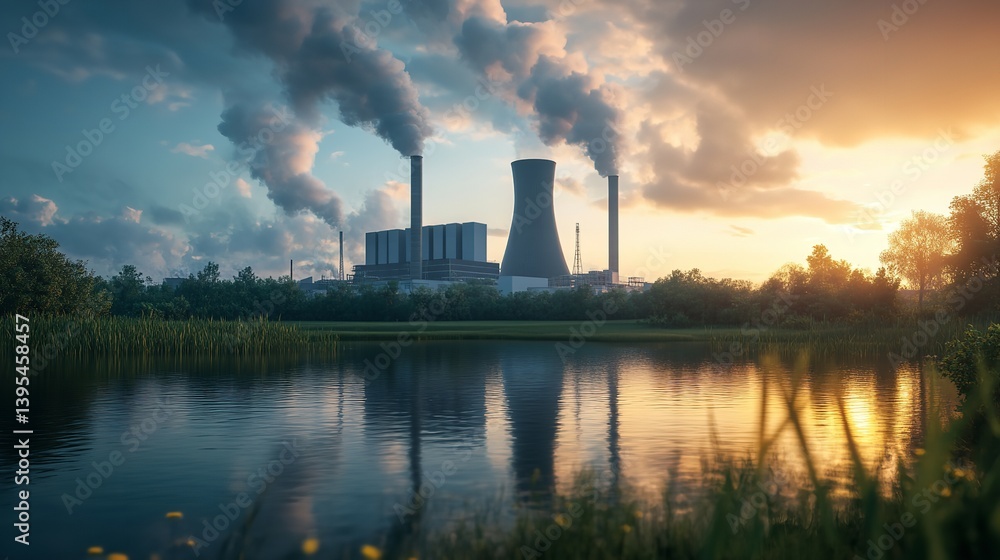 A somber sunset casts long shadows over a serene pond reflecting the imposing silhouette of a power plant, its smokestacks billowing dark clouds into a fiery sky. A somber sunset casts long shadows over a serene pond reflecting the imposing silhouette of a power plant, its smokestacks billowing dark clouds into a fiery sky.