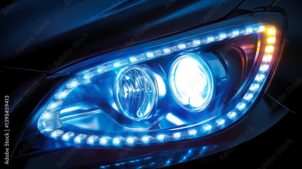 Close-up of modern LED car headlight showing sleek design, chrome detail, bright lens, and precision engineering for futuristic vehicle lighting technology. Close-up of modern LED car headlight showing sleek design, chrome detail, bright lens, and precision engineering for futuristic vehicle lighting technology.