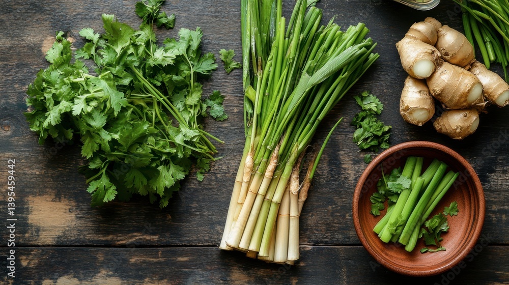 Fresh Green Herbs with Ginger on Rustic Wooden Table Fresh Green Herbs with Ginger on Rustic Wooden Table