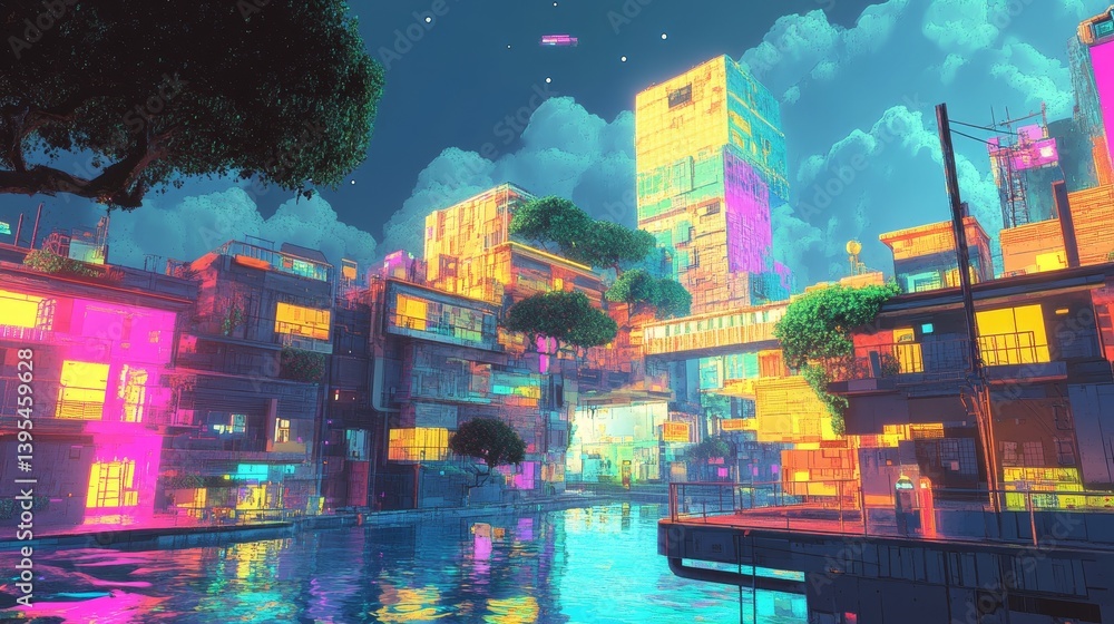 Colorful cityscape illustration with buildings water and trees at night.