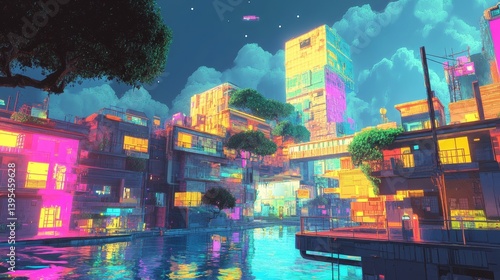 Obraz na płótnie Colorful cityscape illustration with buildings water and trees at night. w salonie