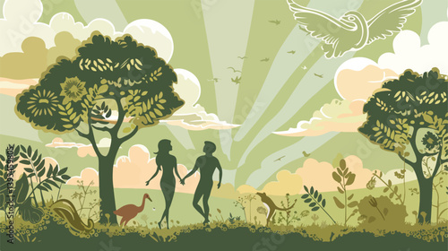 Adam and Eve Biblical Scene Over Beautiful Landscape Background Vector Illustration