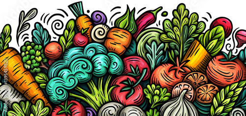 Vegetables cartoon doodle background. Veggies banner design. Nature elements and objects illustration. Bright colors funny picture.