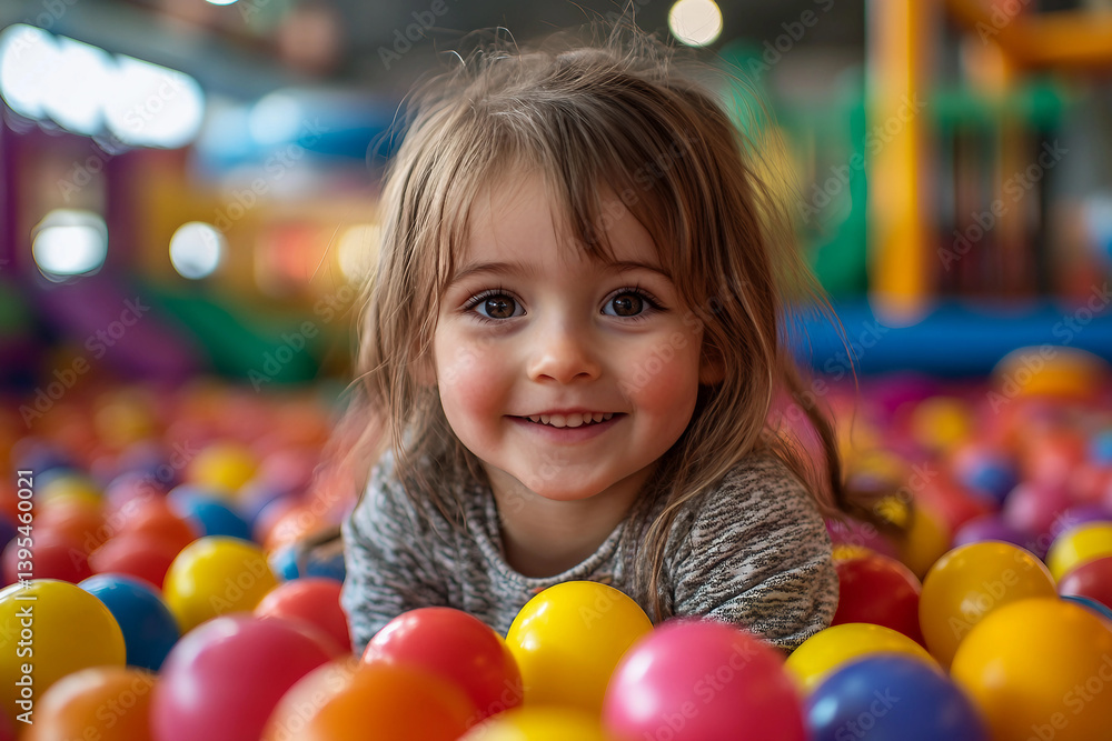 Fototapeta premium Generative AI image of a cute child playing in colorful ball pit at fun children playground party