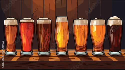 Various Flavors of Beer Glasses Displayed on Wooden Table Closeup View