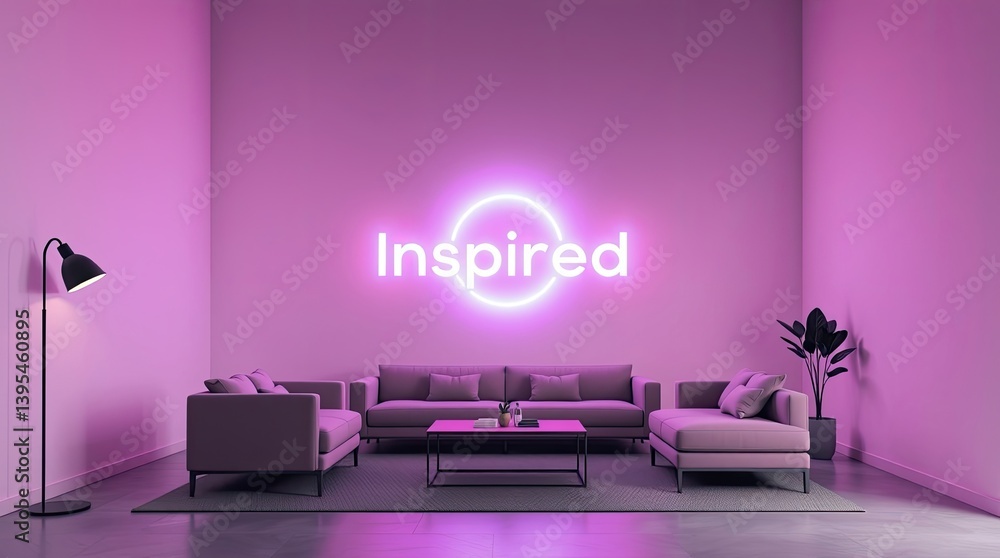 An interior design setting with furniture and a glowing neon sign An interior design setting with furniture and a glowing neon sign