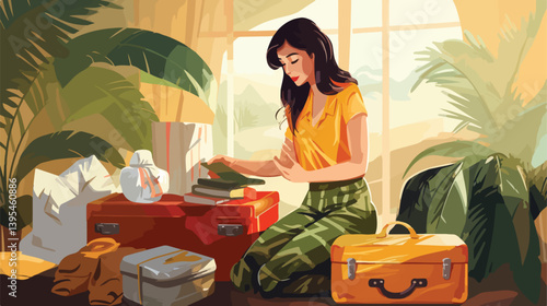 Professional Young Woman Packing Suitcase at Home for Travel Concept
