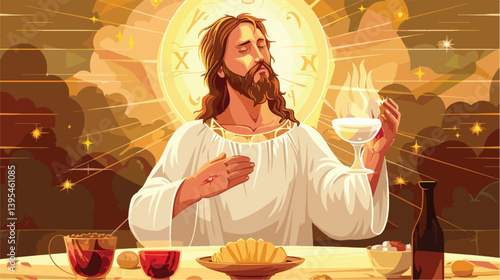 Religious illustration of Jesus Christ during the sacrament of Eucharist, symbolic religious artwork