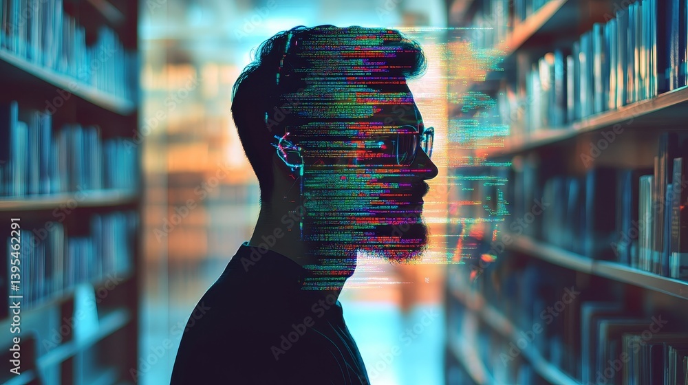 Silhouette of a person in a library with digital overlay and bookshelves.