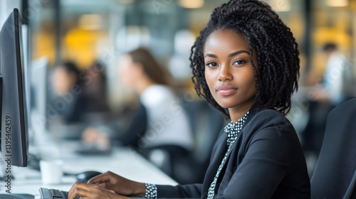 Woman at the office desk in business attire while colleagues work in the background