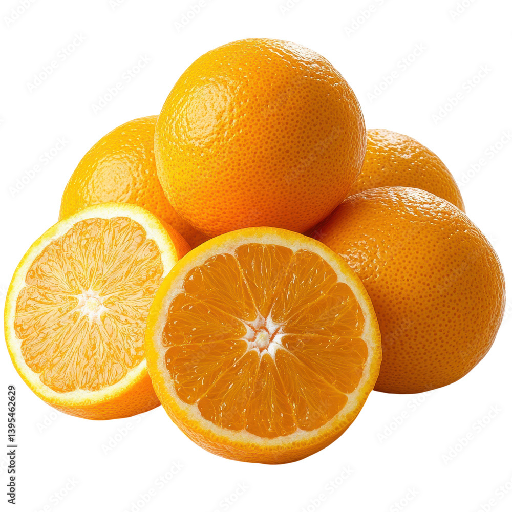 Fresh oranges stacked with sliced pieces showcasing vibrant color and texture for healthy eating inspiration, Transparent Background PNG Fresh oranges stacked with sliced pieces showcasing vibrant color and texture for healthy eating inspiration, Transparent Background PNG