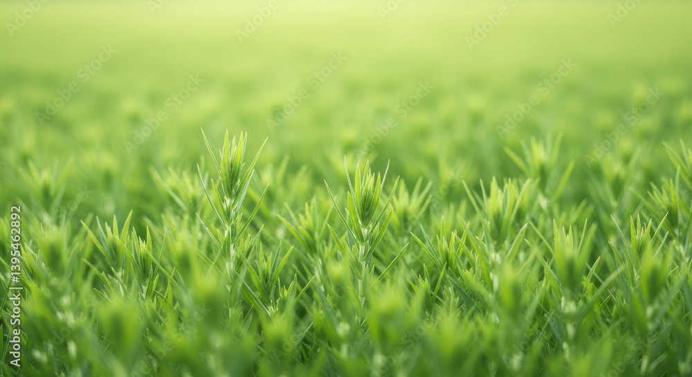 Lush Green Grass Field Under Soft Light with a Serene Atmosphere in Background Lush Green Grass Field Under Soft Light with a Serene Atmosphere in Background