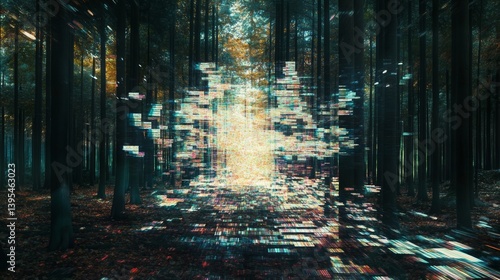Obraz na płótnie Abstract blurred forest scene with light shining through trees creating pixelated effect. w salonie
