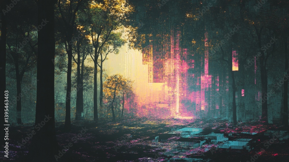 Forest with glowing light between trees creating a magical and ethereal atmosphere.