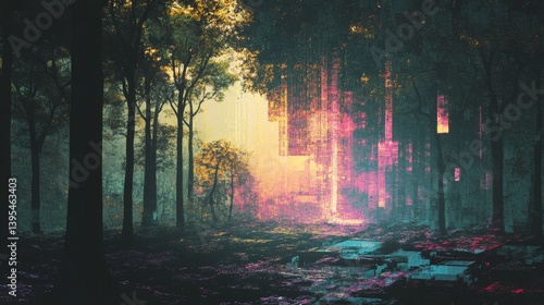 Obraz na płótnie Forest with glowing light between trees creating a magical and ethereal atmosphere. w salonie