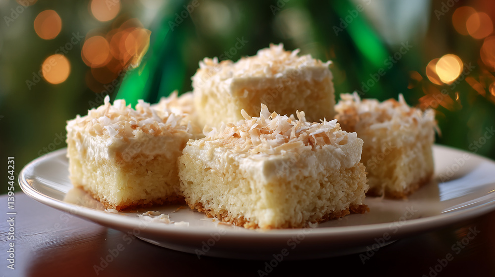 Close-up of coconut cake squares, topped with white frosting and coconut flakes, on a white plate against a blurred background, suggesting a dessert, sweetness, and holiday treat Close-up of coconut cake squares, topped with white frosting and coconut flakes, on a white plate against a blurred background, suggesting a dessert, sweetness, and holiday treat