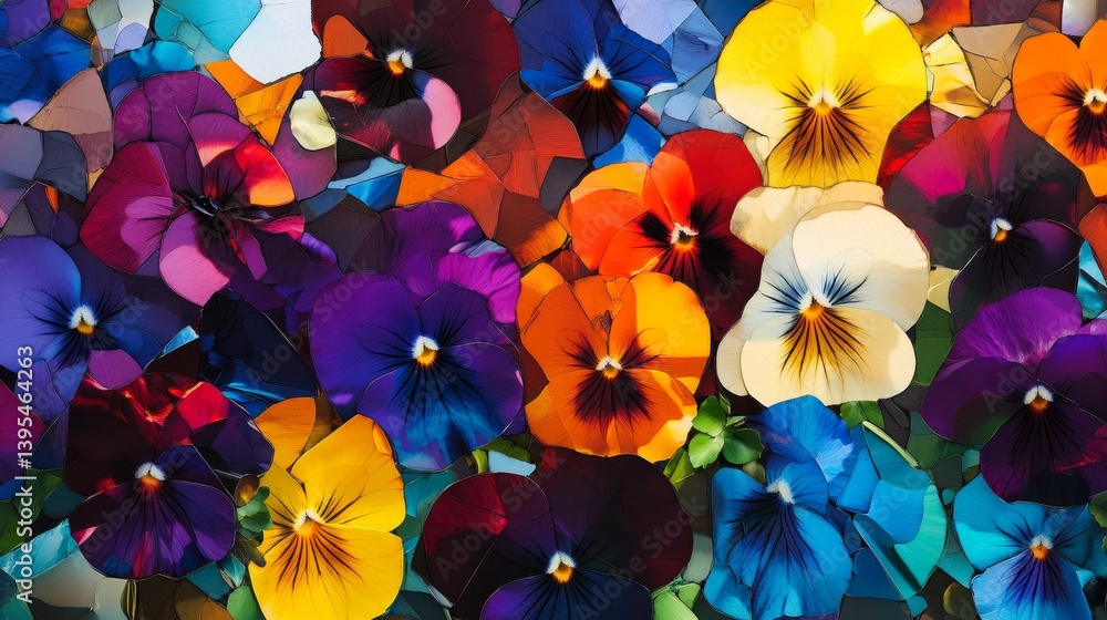 Colorful pansy flowers in a garden setting with vibrant petals and green leaves.