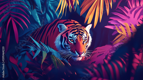 Wallpaper Mural A majestic tiger navigating through vibrant foliage illuminated by dramatic lighting and colors, creating an enchanting atmosphere. Silent Surf. Illustration Torontodigital.ca